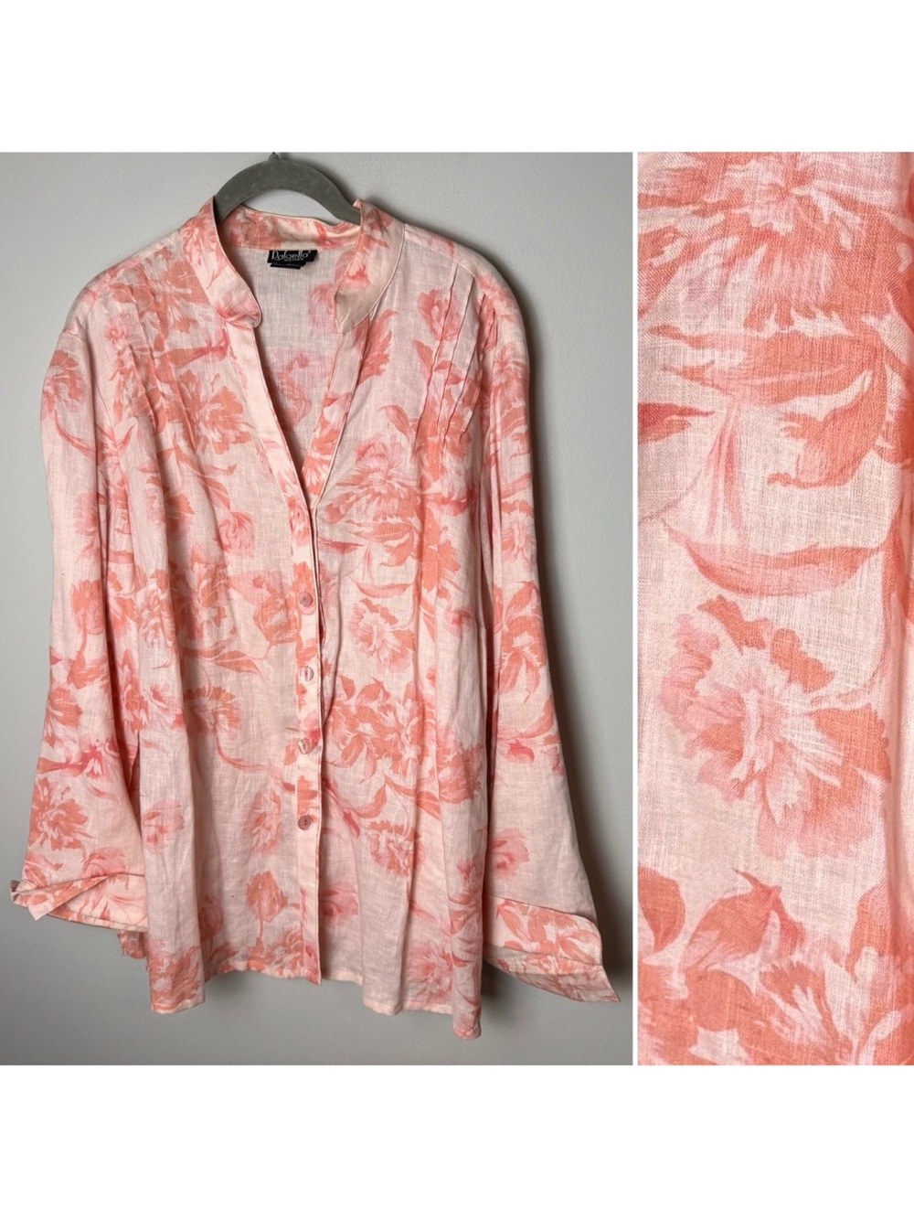 Rafaella Blouse Plus Size 16W Top Long Sleeves Linen V-Neck Floral Coral Pink
